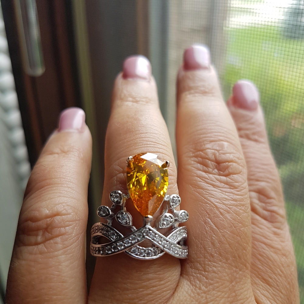 Swarovski Elements Fashion Silver Large Yellow Citrine Teardrop Ring NEW